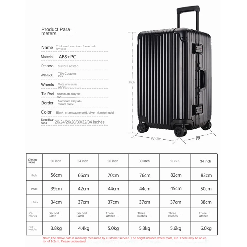 Valise de Grande Capacité, Cadre de Bagage Épais, Chariot ABS + PC, Boîte d'Embarquement de 20 Pouces, 32 34 Pouces