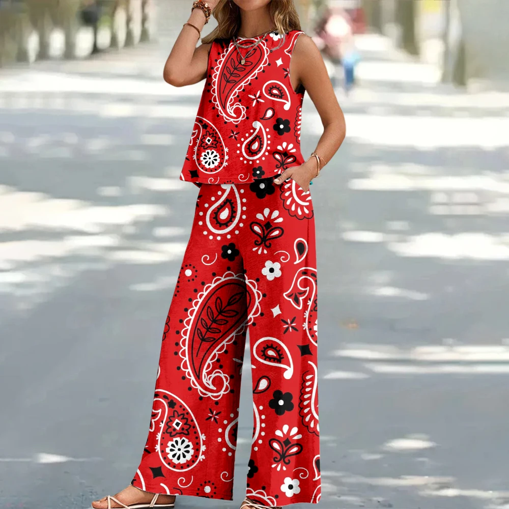 

Summer Women's Sleeveless O Neck Cashew Flower Pattern Printed Set Casual Loose Temperament Elegant Women's Tops Women's Pants