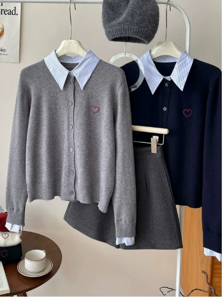 Autumn Winter Polo Collar Stripe Spliced Fake Two Piece Women Knit Cardigan Heart Embroidery Casual Layered Sweate Outerwear