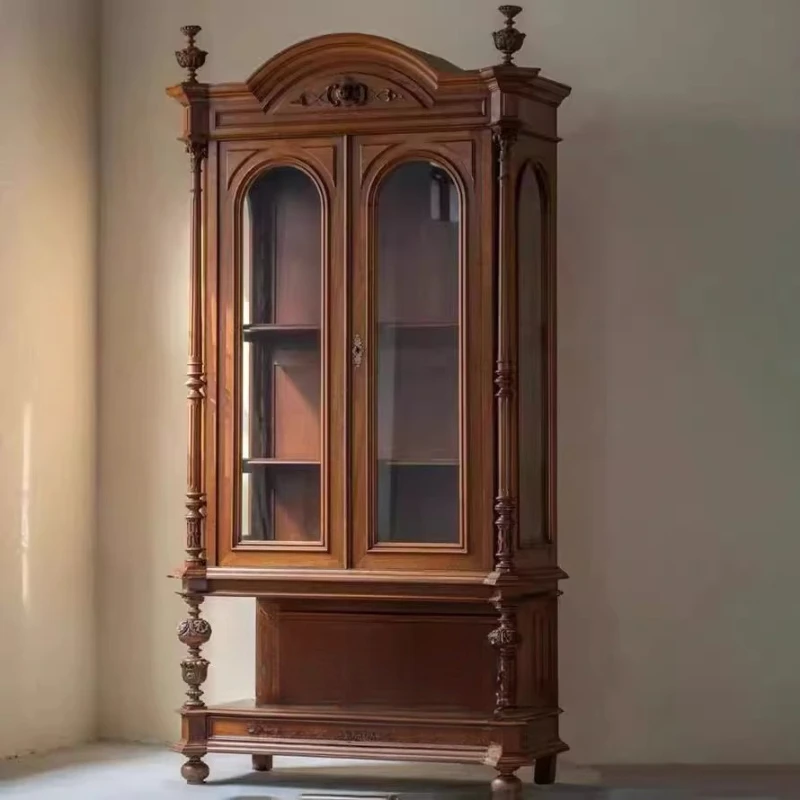 

Replica solid wood carved glass display cabinet/living room wall high cabinet