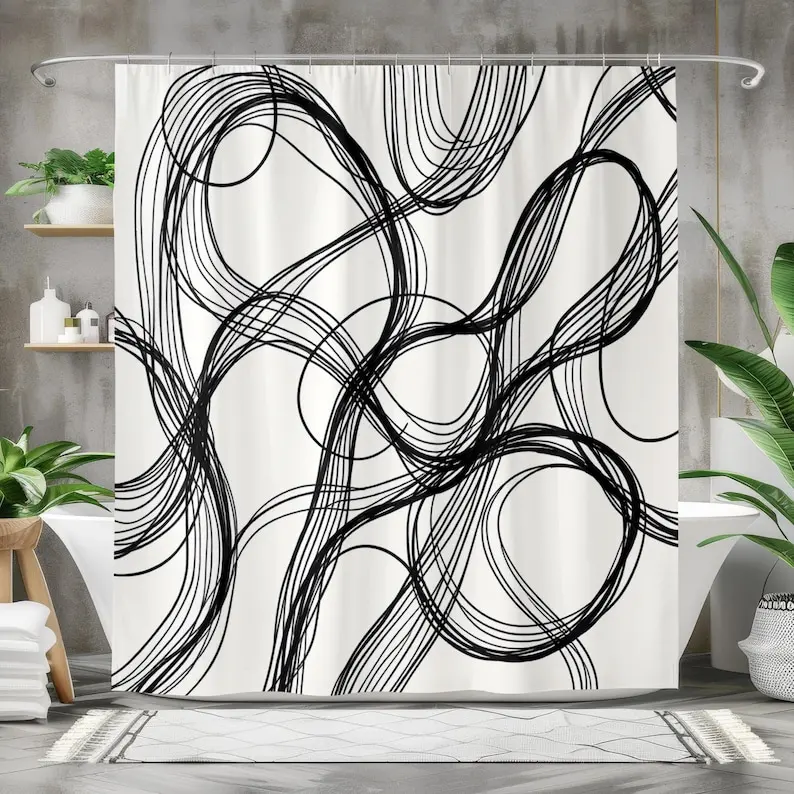 Black and White Line Art Shower Curtain Minimalist Abstract Scribble Design Modern Monochrome Bathroom Decor Bold Graphic Gift