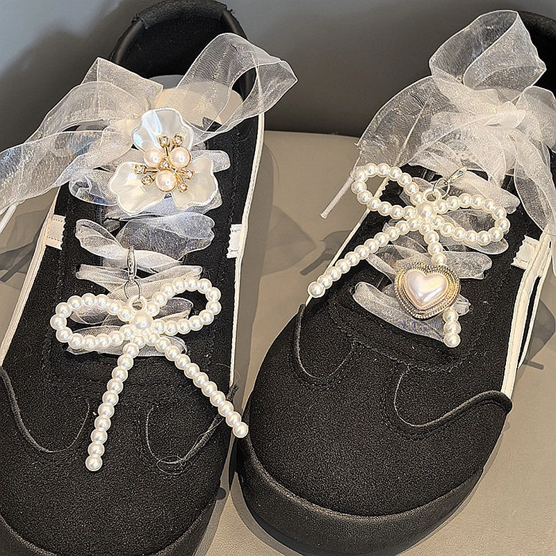 

New dopamine Colorful Pearl bow Shoe laces Charms Set for Sneakers Pearl Flower Shoe Decorations Charm DIY Shoes Accessories