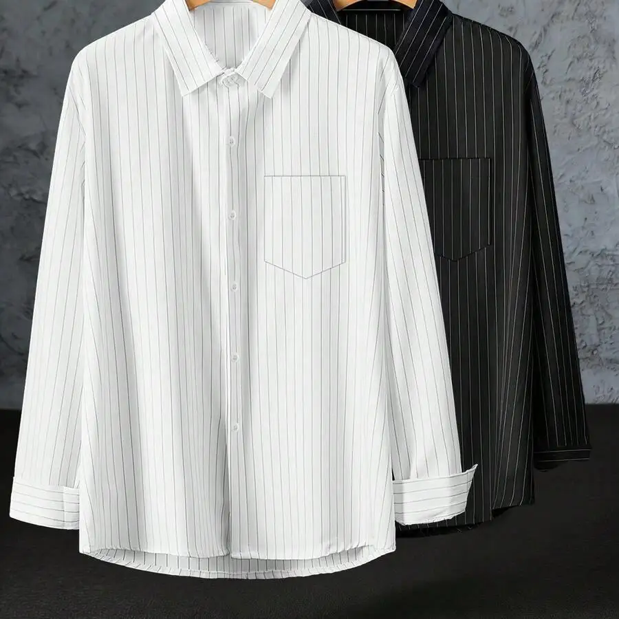 Mens Long Sleeve Striped Shirt Pack Of 2 Casual Business Thin Cotton Shirt
