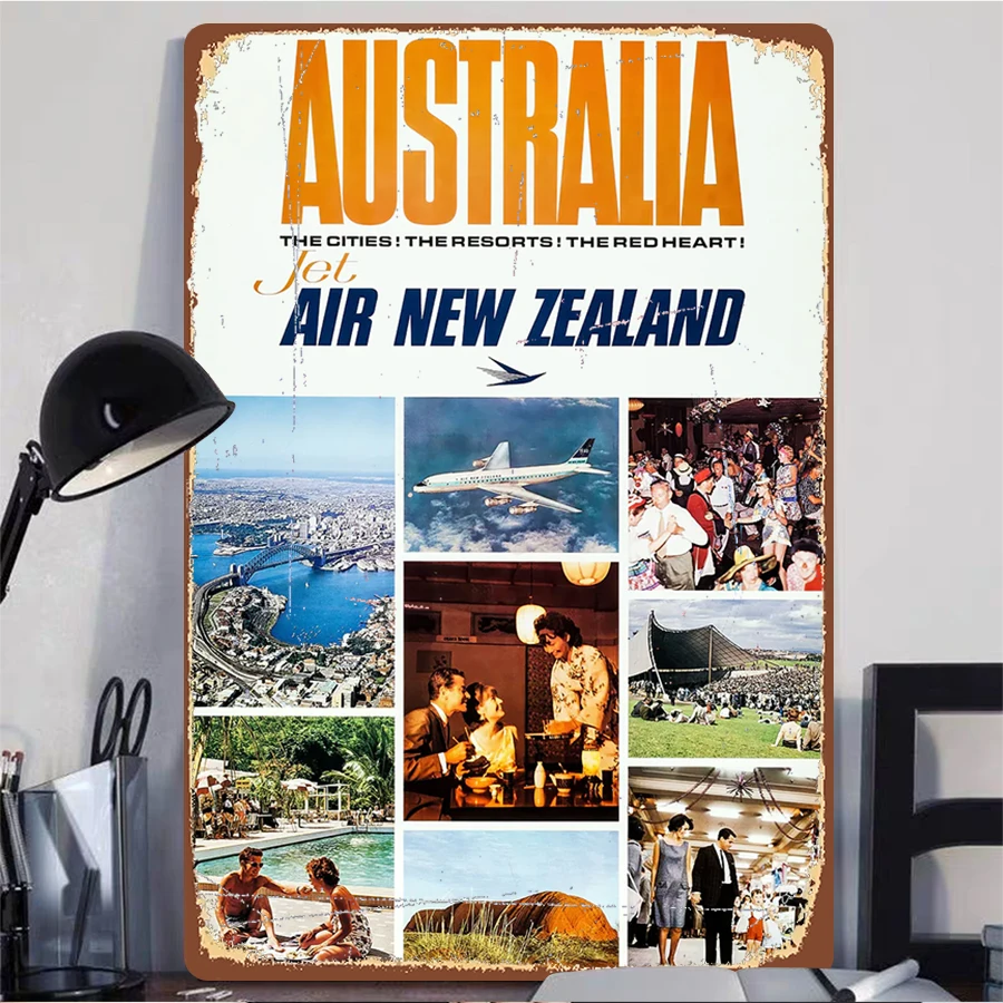 Vintage Australia Travel Poster Tin Sign Air New Zealand Classic Advertisement Wall Art Home Bar Decor