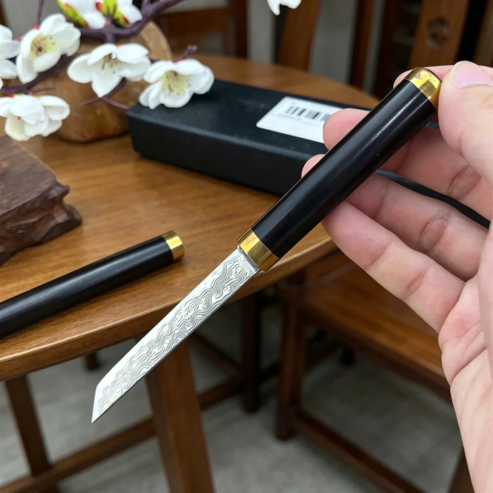 Portable Damascus Steel Fixed‑Blade Knife, Natural Wood Handle, Multifunctional Outdoor Utility Knife for Camping Survival