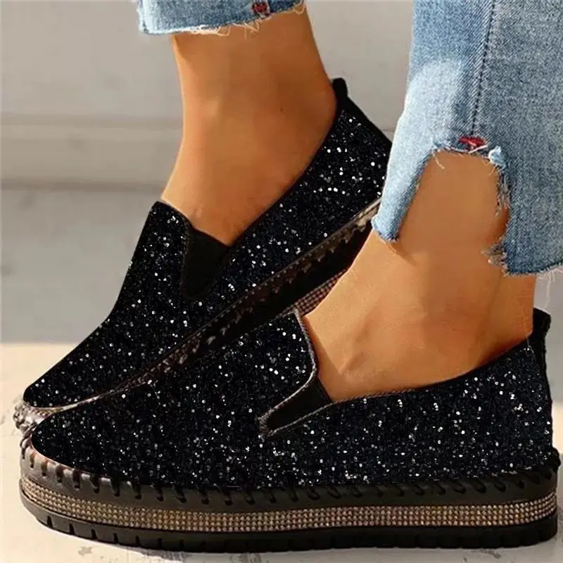 Crystal Diamonds Women Flats Bling Woman Shoes Rhinestone Ladies Casual Shoes Round Toe Slip-on Platform Women's Shoes