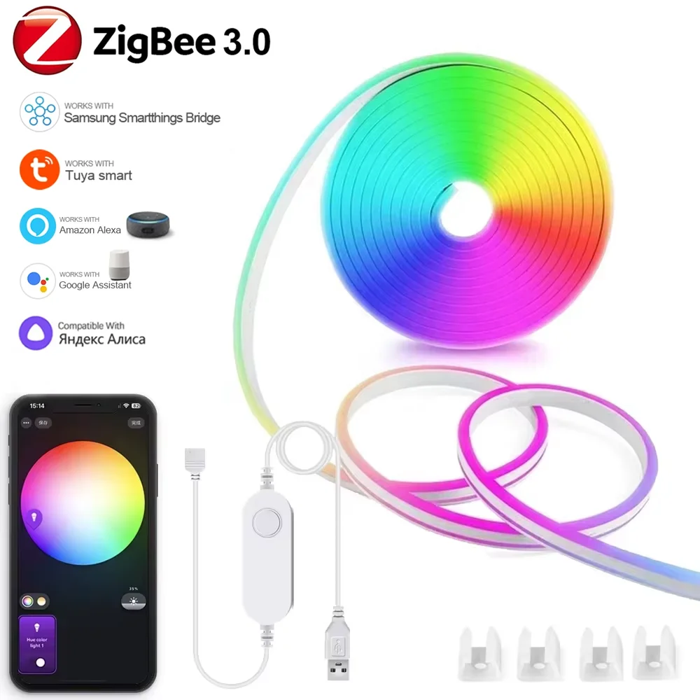 1-5M USB Zigbee 3,0 Tuya RGB Neon LED Streifen Licht Wasserdicht Dimmbar Flexible Band Küche Schrank TV zimmer Nachtlicht fr Alexa