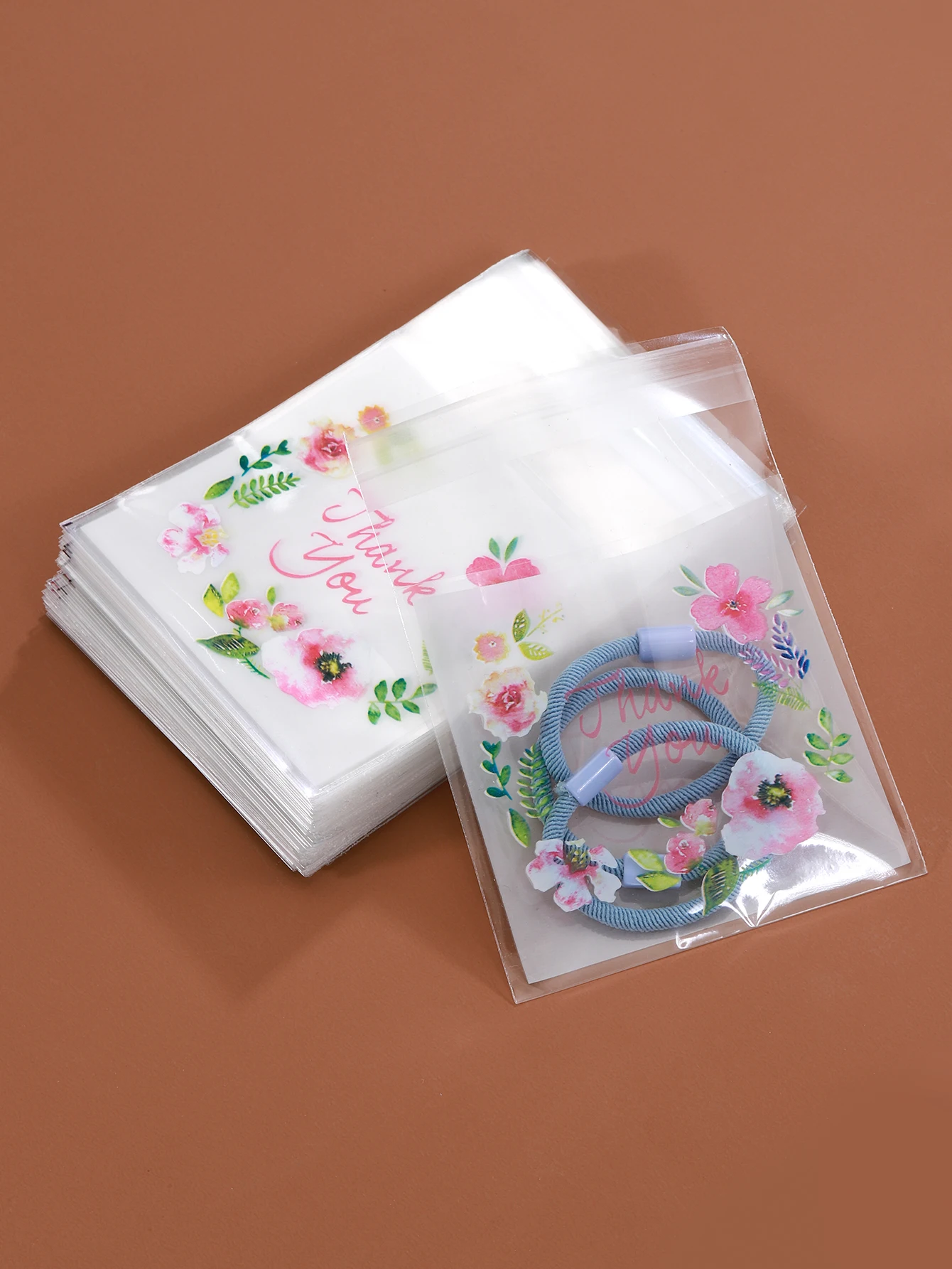 100pcs Colourful Flowers THANK YOU Self-adhesive Bag Plastic Pouches for DIY Jewelry Display Cookies Storage Gifts Bag Wholesale