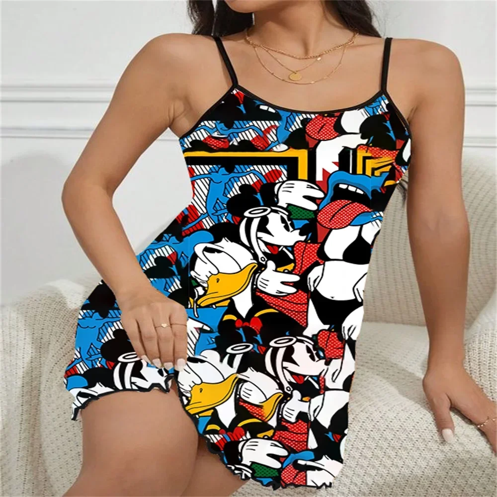 New Summer Sleeveless for Women Sexy Romantic Women's Suspender Pajama Disney Cartoon Pattern Ruffled Edge Design Nightwear