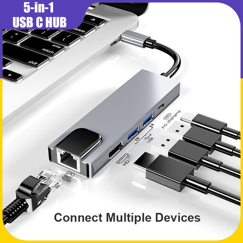 

【Fast Ship】5 in 1 USB C HUB Type C Docking Station HDMI PD Charging Gigabit Ethernet RJ45 Lan Adapter Converter for PC