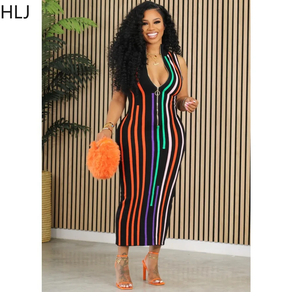 

HLJ Sexy Colorful Stripes Print Zipper Bodycon Dresses Women V Neck Sleeveless Mid Dress Fashion Female Slim Vestidos Streetwear