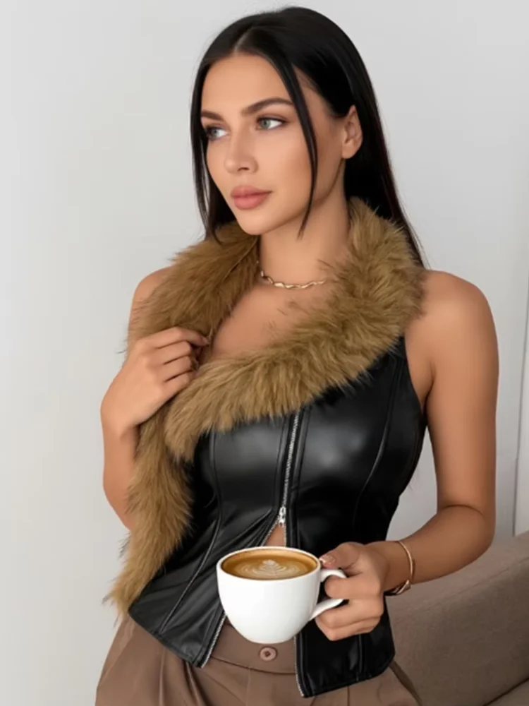 

2026 Женский уличный топ, сексуальный черный меховой воротник, лоскутный кожаный жилет, женские облегающие жилеты без рукавов с открытыми плечами и молнией