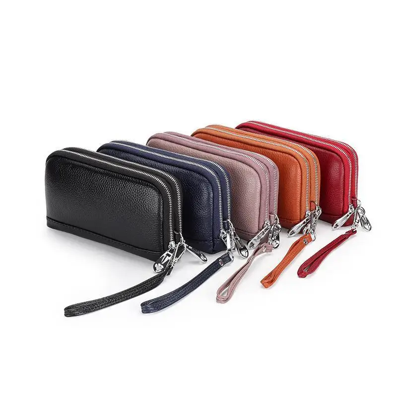 Damen-Langbörse aus echtem Leder, Handgelenktasche, Clutch, 2-lagige Reißverschluss-Geldbörse, Handytasche, Geldbeutel – Detail 1