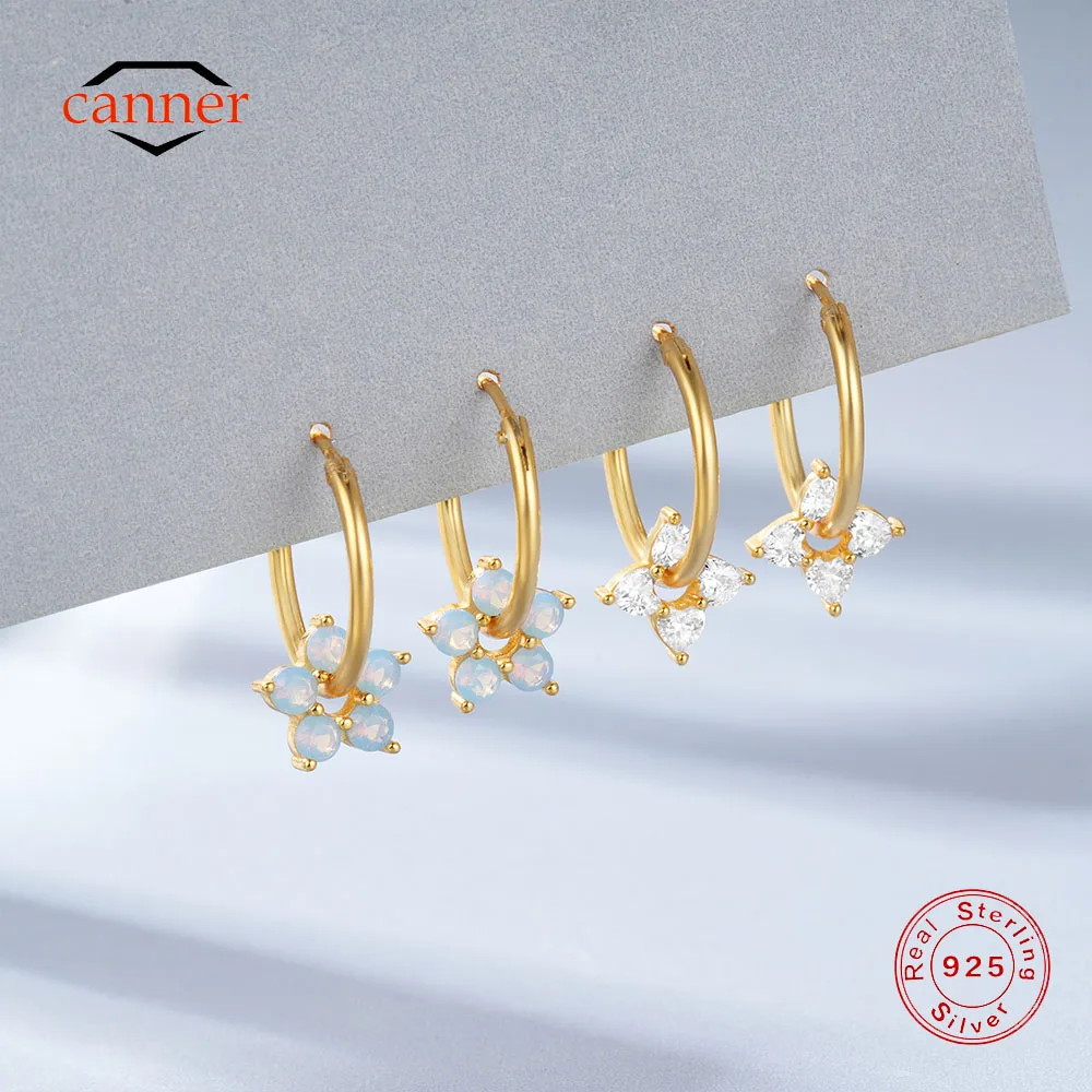 CANNER Minimalism Five Petal Flower Zircon 925 Sterling Silver Hoop Earrings For Women Ins Simple Green Zircon Earrings Gift