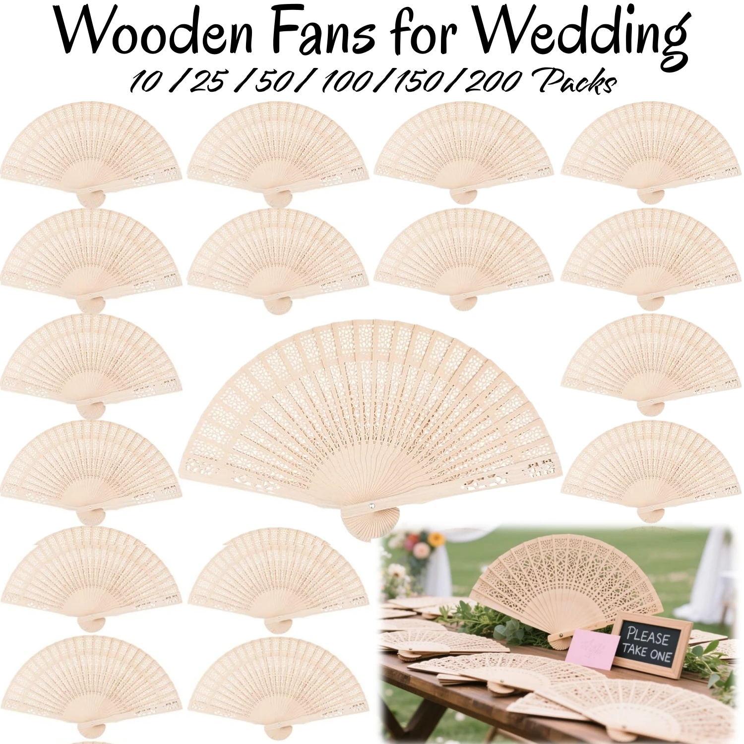 Éventails pliants en bois pour mariage, motif chinois ajouré avec pompon blanc et sac cadeau, pour invités et cadeaux de mariage