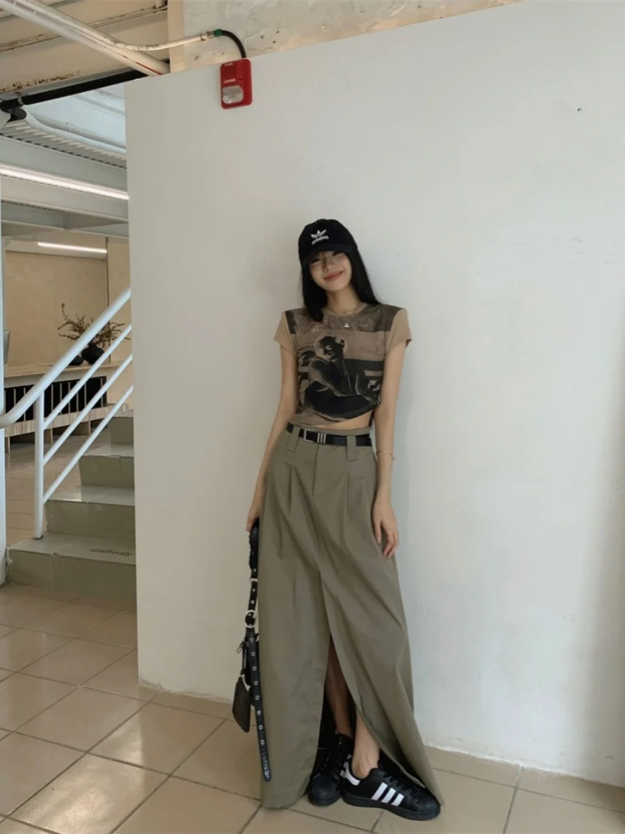 ZHISILAO New Vintage Long Skirt Women Casual Chic Green High Waist Skirt Summer 2024 Outfit