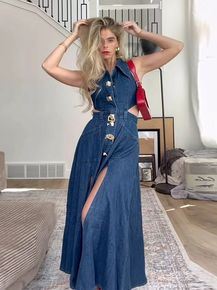 Split Hollow Out Denim Dress Lapel Slim Fit Robes Big Skirt Hem Golden Button Cowboy Long Dresses Streetwear Odzież damska