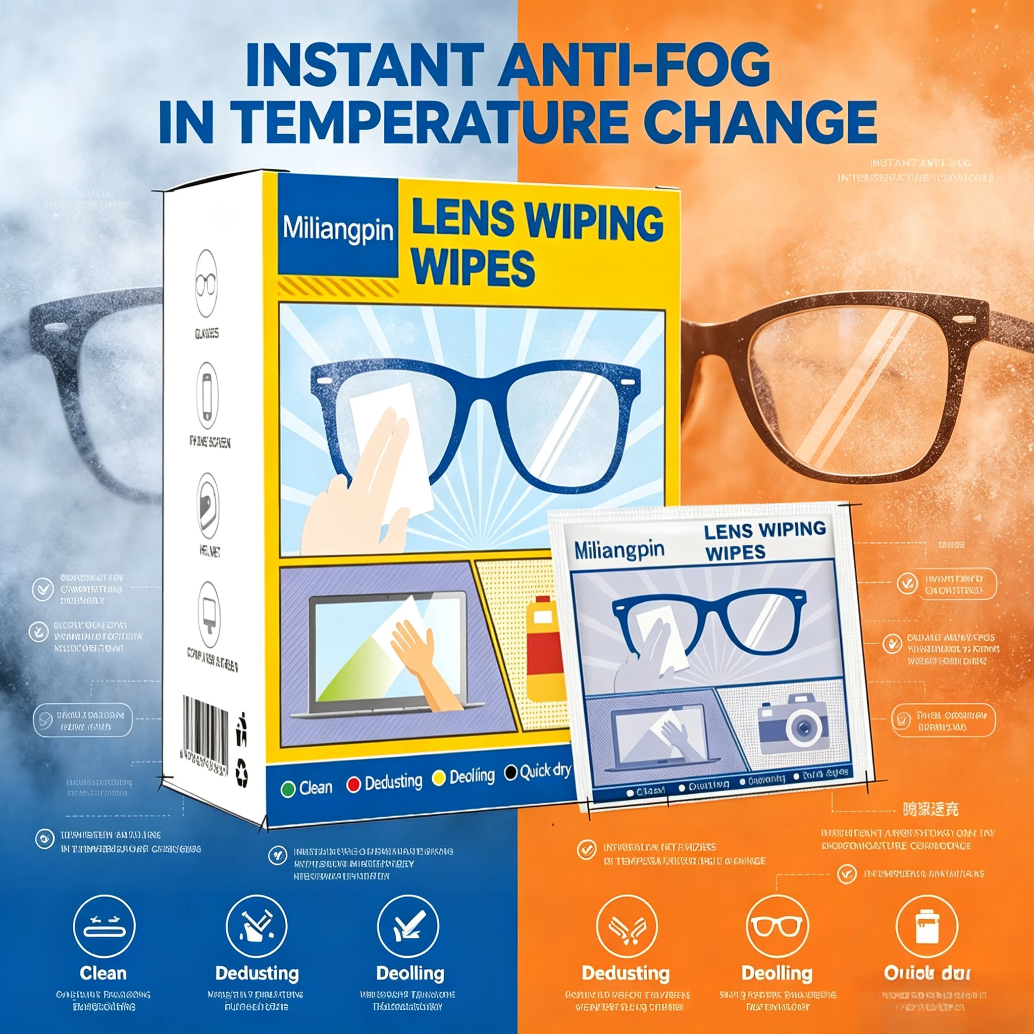 Disposable Eyeglass Cleaning Wipes! No Fogging or Water Streaks After Wiping; Individually Wrapped for Easy Carrying.