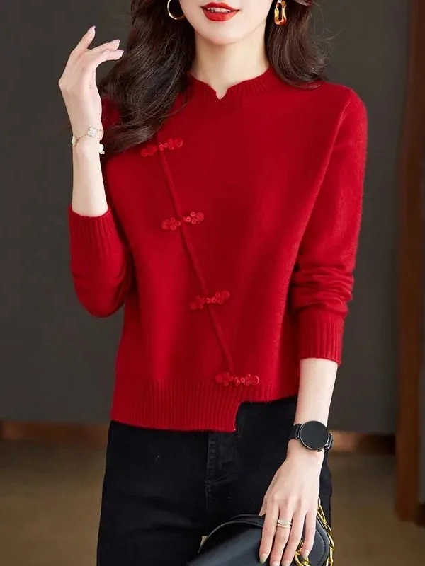 

Autumn Winter ort Sle Camere Sweater Red Chinese Sle Top for Women Luy Year Knitted Warm Soft Casual Faion Basic Fit
