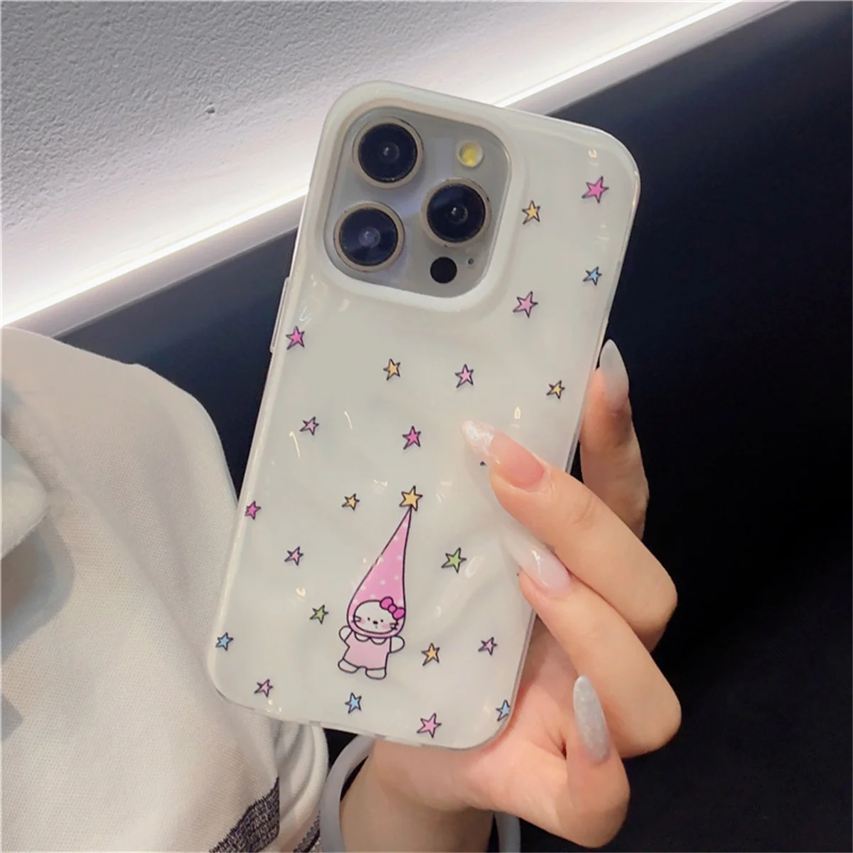 

Korean Wrinkle Texture Cute Star Kitty Phone Case For iPhone 16 Pro 15 14 13 Pro Max Cover Shockproof Cute Cases