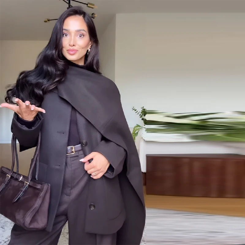 

Stylish Scarf Collar Woolen Blend Coat for Women Trendy Single Breasted Loose Jacket Pocket Outwears 2025 New Autumn Lady Coats