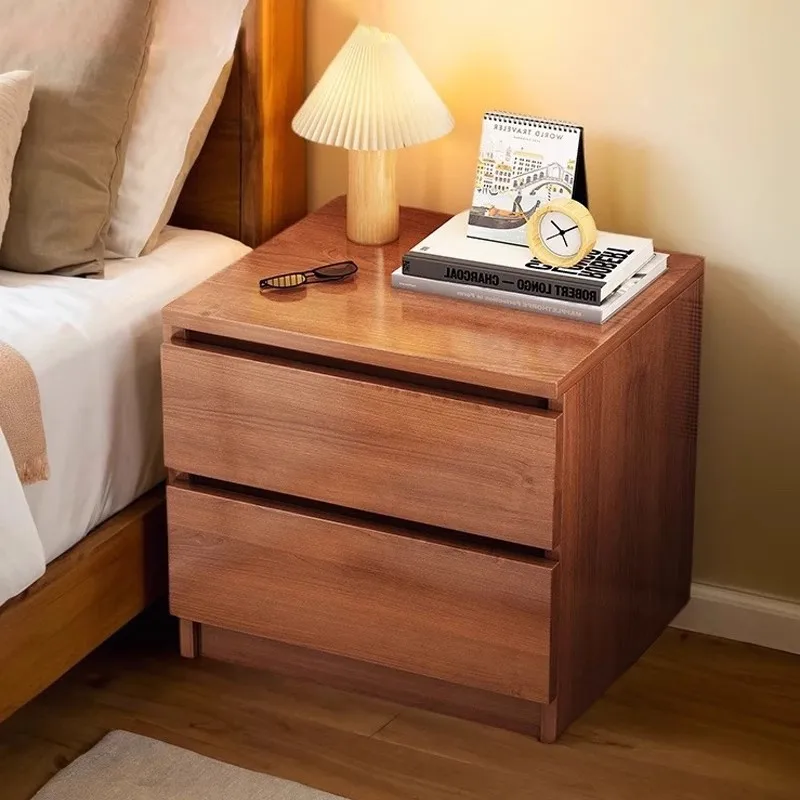 Japanese Minimalist Solid Wood Nightstand Two Drawer Hidden Pull Handle Storage Bedside Cabinet Bedroom Living Storage Furniture