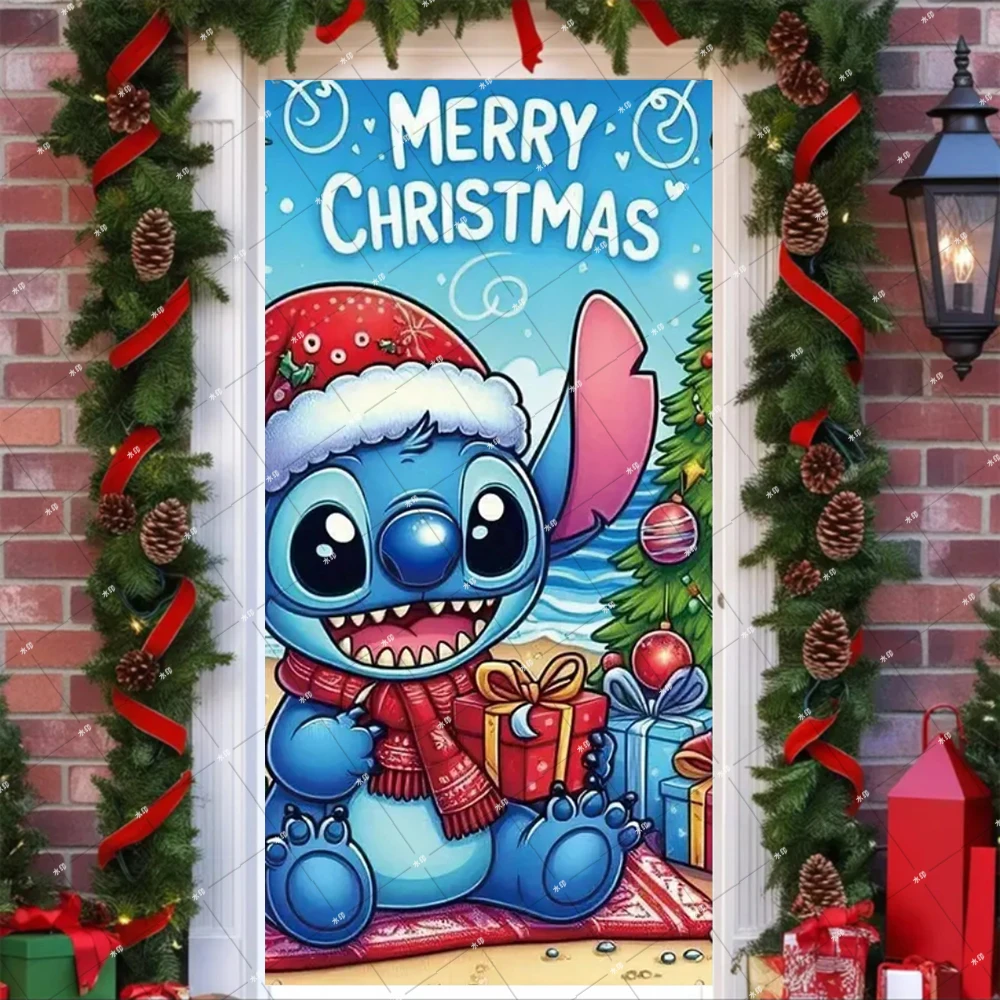 Cute Blue Lilo Stitch Door Cover Baby Shower Photography Backdrop Winter Holiday Christmas Party Decoration Banner Photo Studio