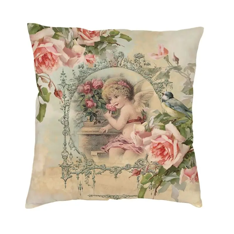 Victorian Angel Print And Pink Vintage Roses Throw Pillow Cover Home Decorative Custom Square Cushion Cover 40x40 Pillowcover