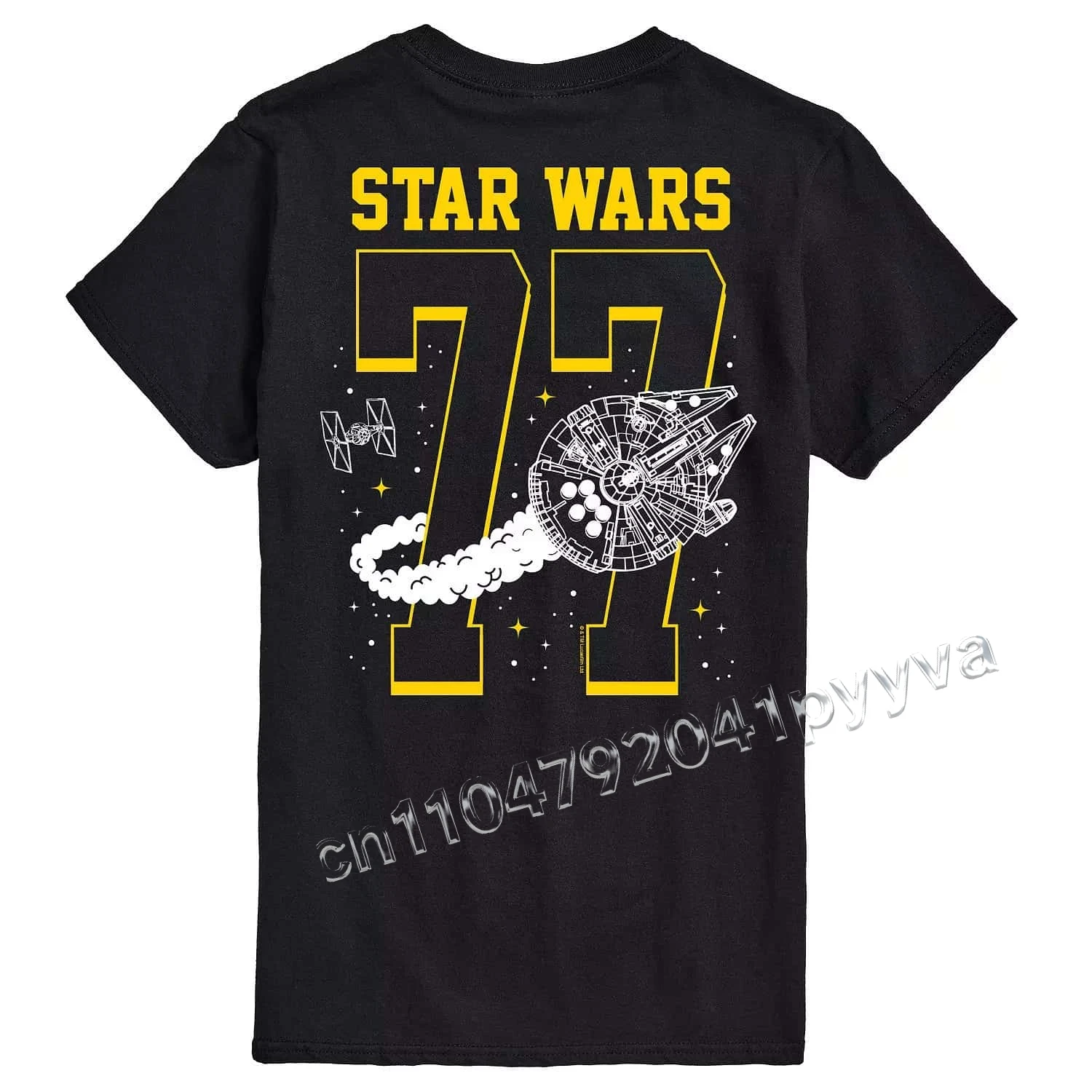 Nueva camiseta estampada con temática de Star Wars "77" con patrones Millennium Falcon y TIE Fighter Jet, Top de moda de secado rápido con estampado 3D