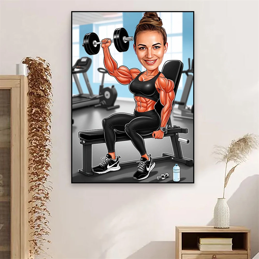 Personalized Woman Fitness Cartoon Portrait Poster Weight Lifter Caricature Cartoon Portrait Prints Caricature Canvas Painting