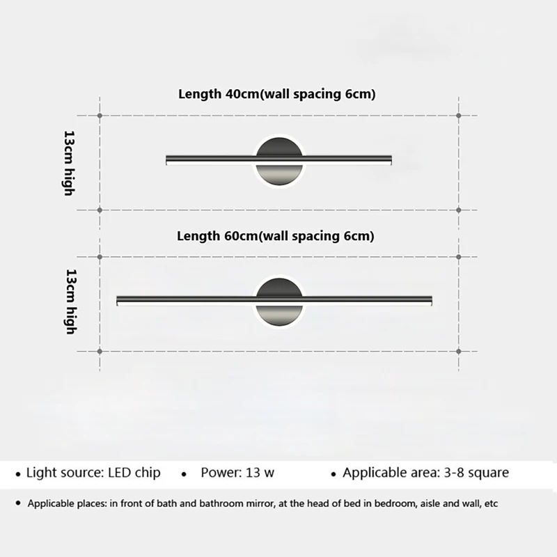 Современный светодиодный настенный светильник, черный зеркальный светильник, комод, ванная комната, туалет, длинные полосы, лампы для домашнего декора, 40/60/80 см, светодиодное освещение, блеск