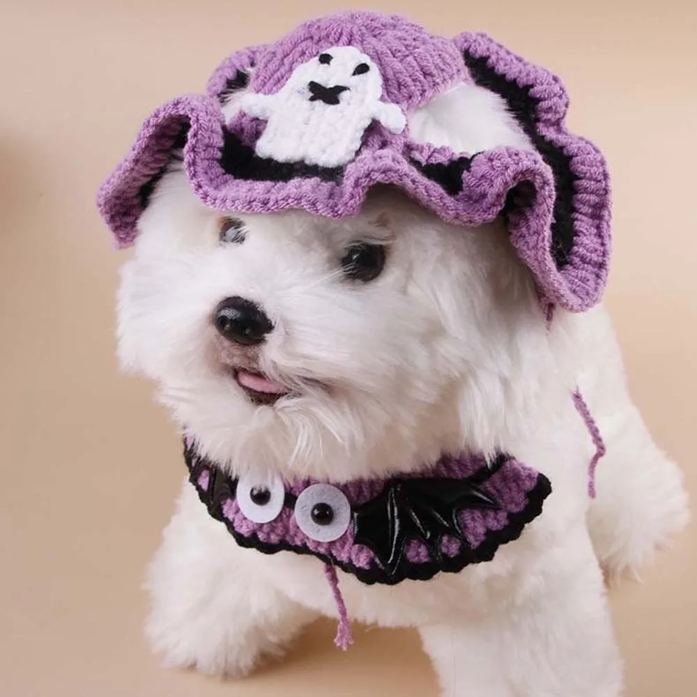 تنفس هالوين الحيوانات الأليفة ازياء الملابس شبح هالوين القط القبعات اليقطين الكرتون القط المنسوجة قبعة مريلة الوجه الديكور #4