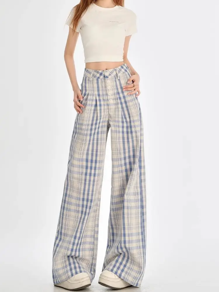 

Japan Light Blue Plaid Wide-Leg Casual Pants For Women Buttoned High-Waisted Loose Straight Floor-Length Mopping Pants