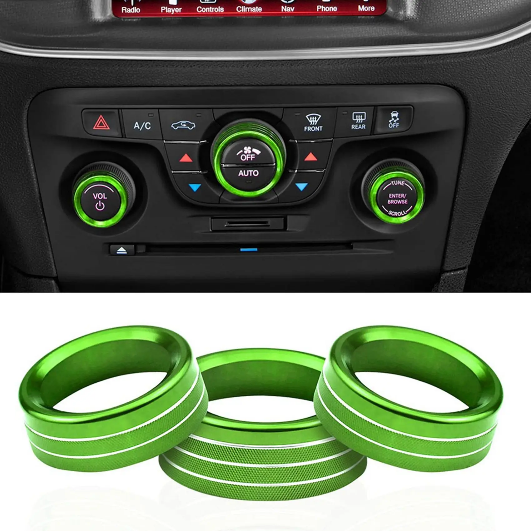 Air Conditioner Switch Cover CD Button Knob Ring Trim for Dodge Challenger Charger Chrysler 300 300S 2015-2020,Green