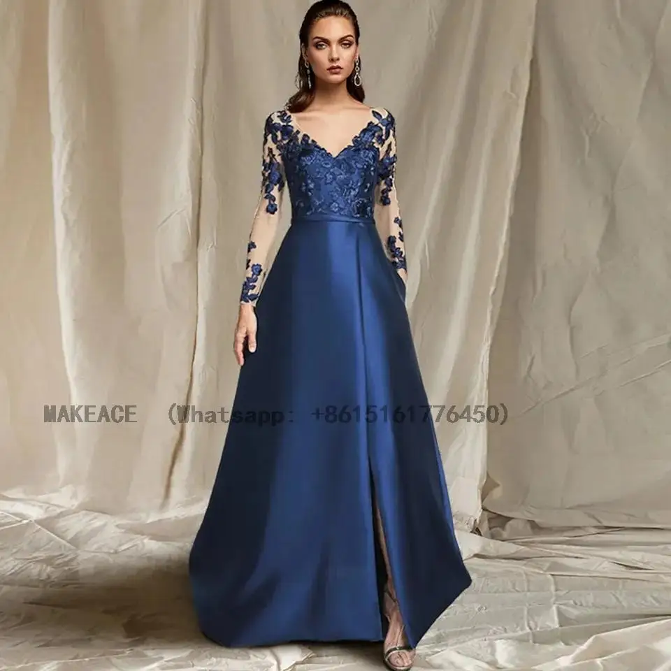 

Long Sleeves A Line Navy Blue Mother of the Bride Dresses 2023 Long Party Dresses Woman for Weddings Vestido Invitada Boda 2022