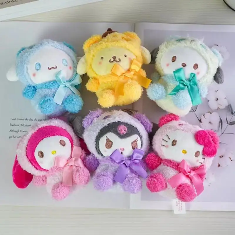 Kawaii Sanrio Plush Anime Chaveiro, Chaveiro Kuromi Boneca, Hello Kitty Plushie Cinnamoroll, Saco Pingente, Presente de brinquedo para Meninas