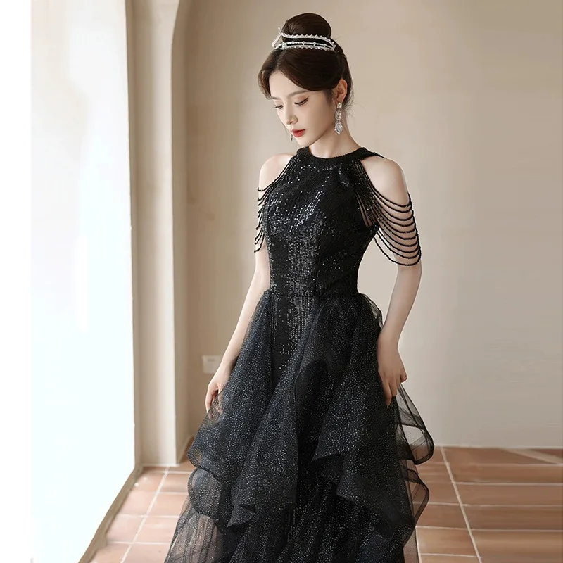 Black Evening Dress for Women Banquet Temperament High-Grade Light Luxury Minority Halter Sexy High-End Women's Clothing