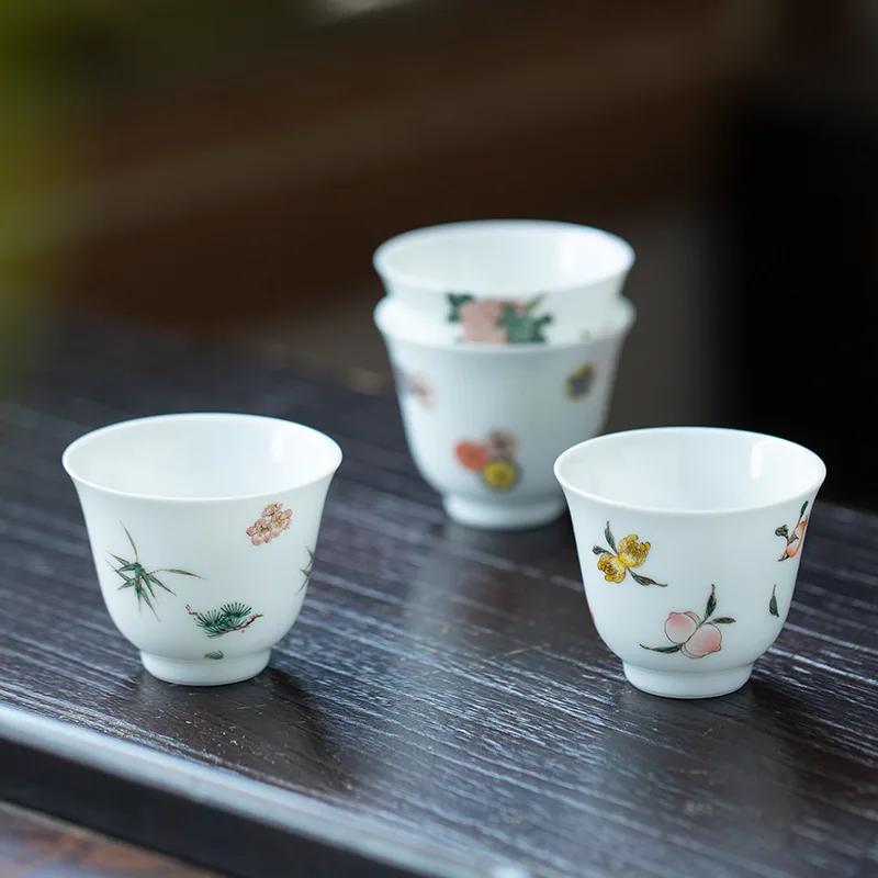 Jingdezhen Folk Artist Tea Set Pastel Jade Mud Cup Hand Drawn Kung Fu Teaware Small Single
