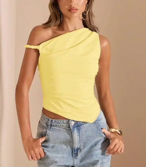 

One Shoulder Irregular Cut Design with Pleated Details, Slim Fit and Slimming Top