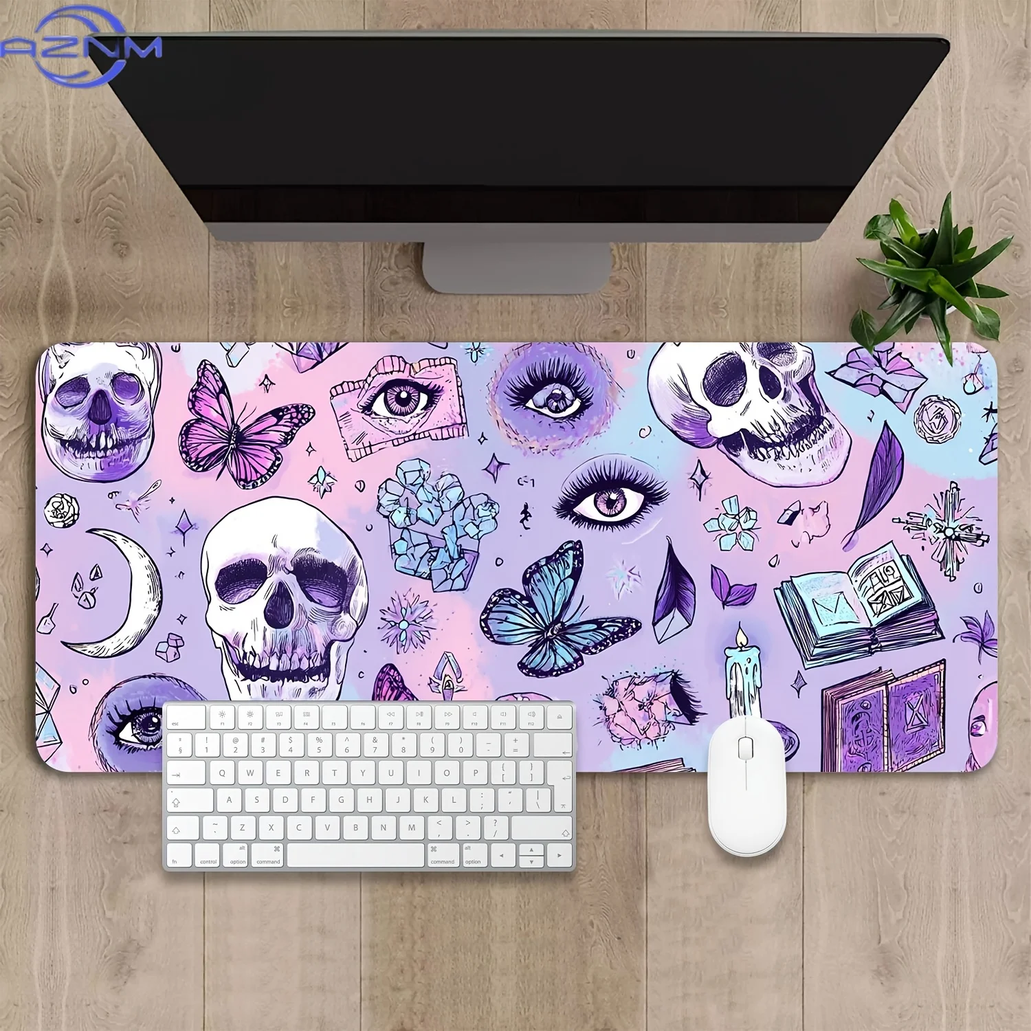 Oversized Halloween Gaming Mouse Pad & Desk Mat - Featuring a Gothic Occult Design with Skulls And Eyes in Purple, Pink, And Pur
