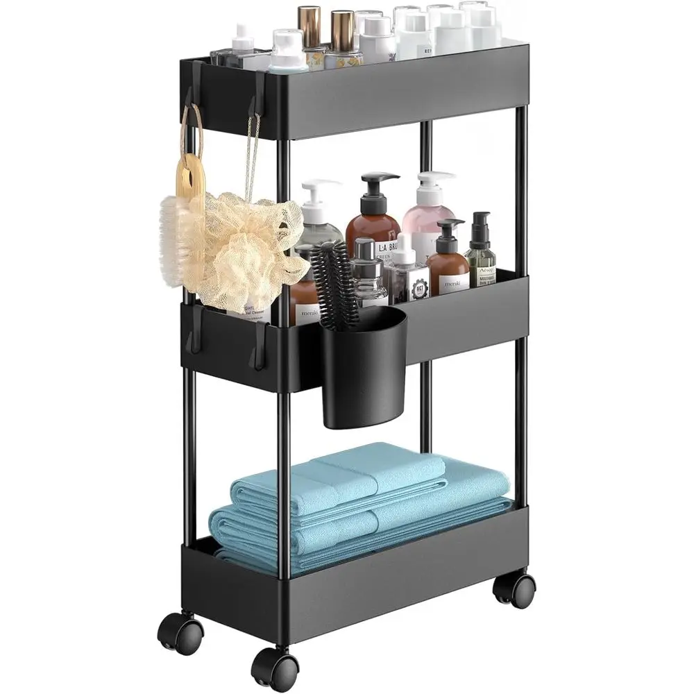 

Slim Storage Cart with Wheels - 3 Tier Bathroom Organizers and Storage Cart - Rolling Carts or Bathroom, Kitchen, Narrow Space,