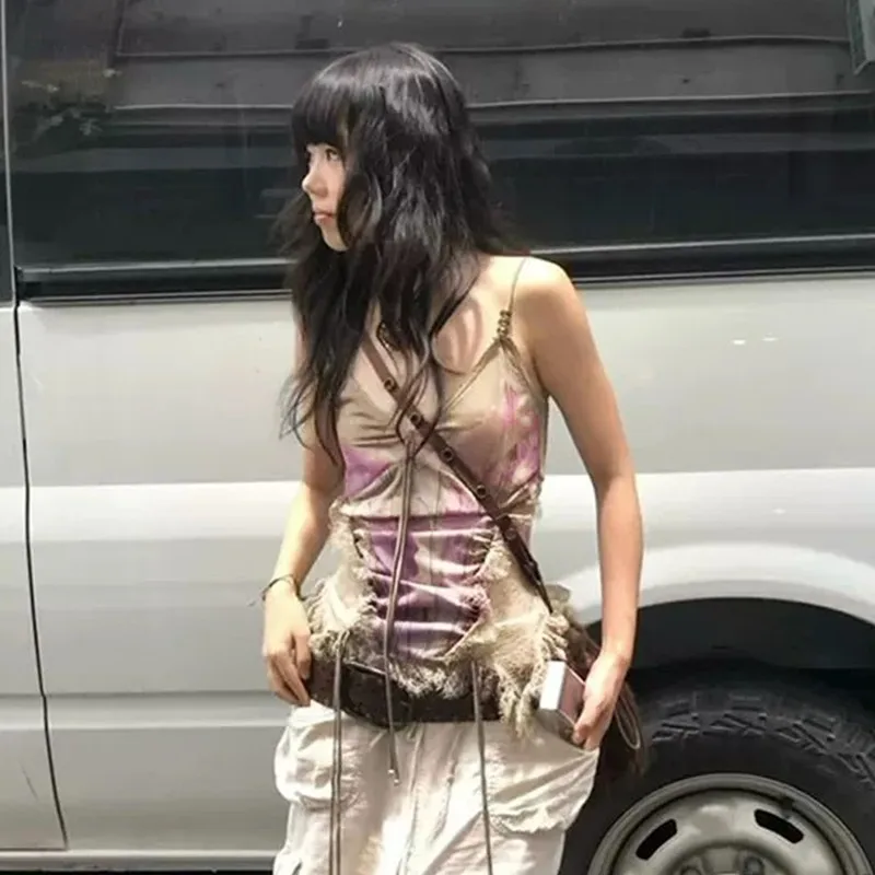 Genayooa Gothic Tank Tops Women Sleeveless Tie Dye Y2k Vintage Crop Tops Streetwear 2000s Japanese Lace Up Camis E-girls Summer