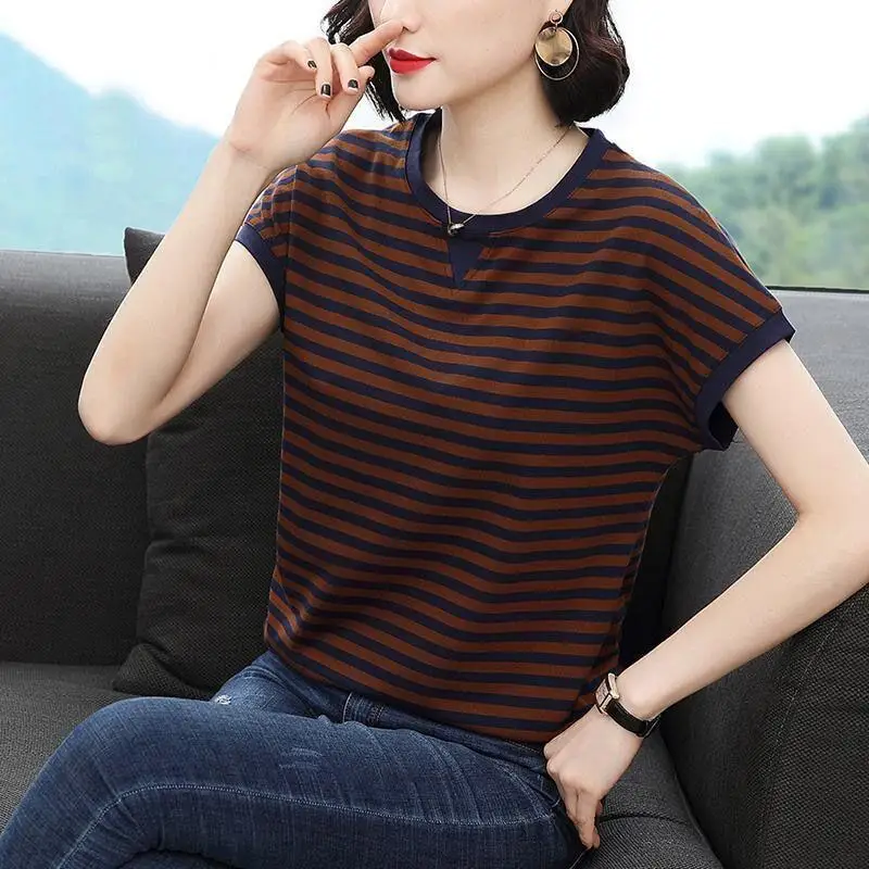 Vintage Plus Size Striped Tops Tees Summer New Short Sleeve O-Neck Loose All-match Casual T Shirts Fashion Office Women Clothing