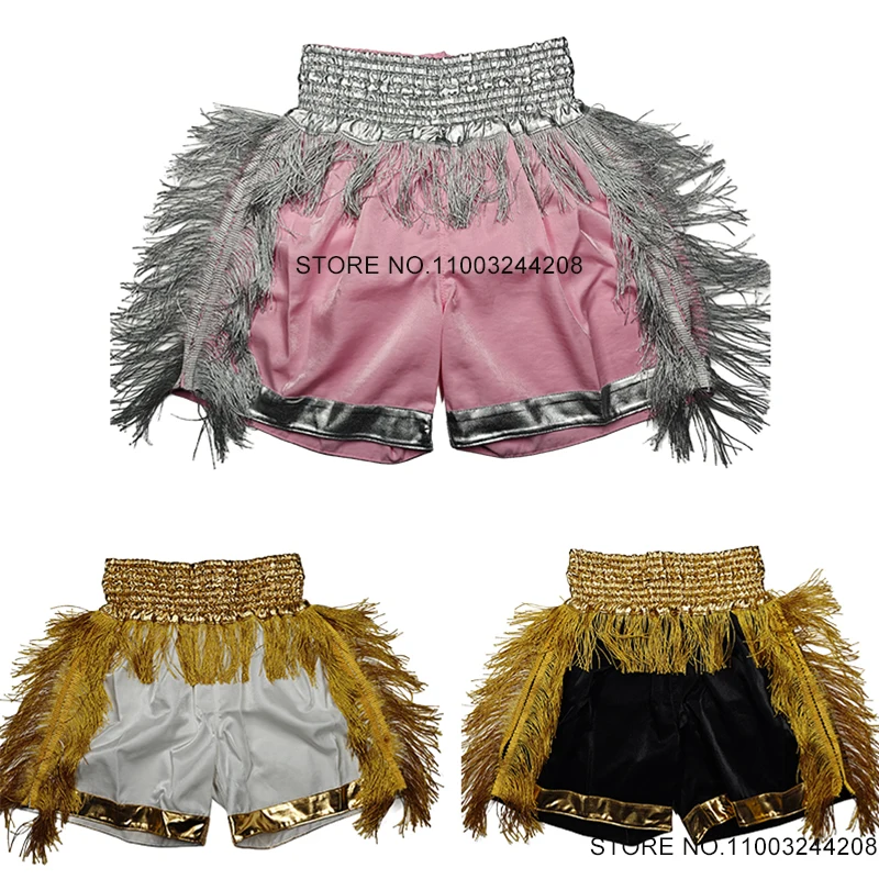 Muay Thai Shorts Plain Boxing Shorts Women Men Child with Tassels High Quality Satin Fabric MMA Cage Fighting Kickboxing Pants