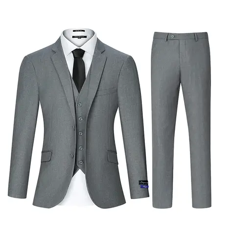 3pcs Men's Classic Solid Color Suit Set Long Sleeve Blazer with Button Details Non-Stretch Fabric Regular Fit for All Seasons