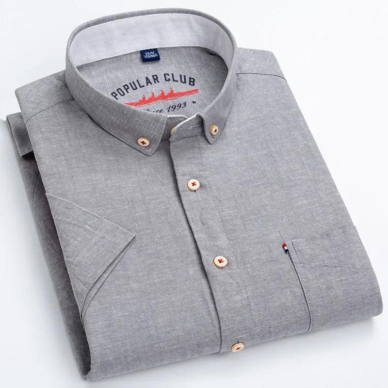 

2026 Summer Stylish Shirt Men Green Plaid Cotton Linen Short-sleeved Casual Breathable Comfort Button Up Solid Male Clothes
