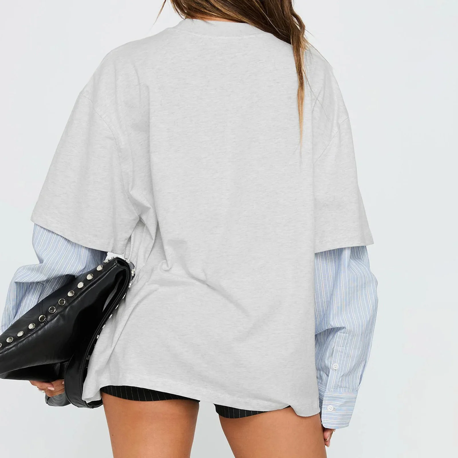 Mulheres falsas camisetas de duas peças soltas contraste listrado manga longa topos para uso diário atividade ao ar livre streetwear