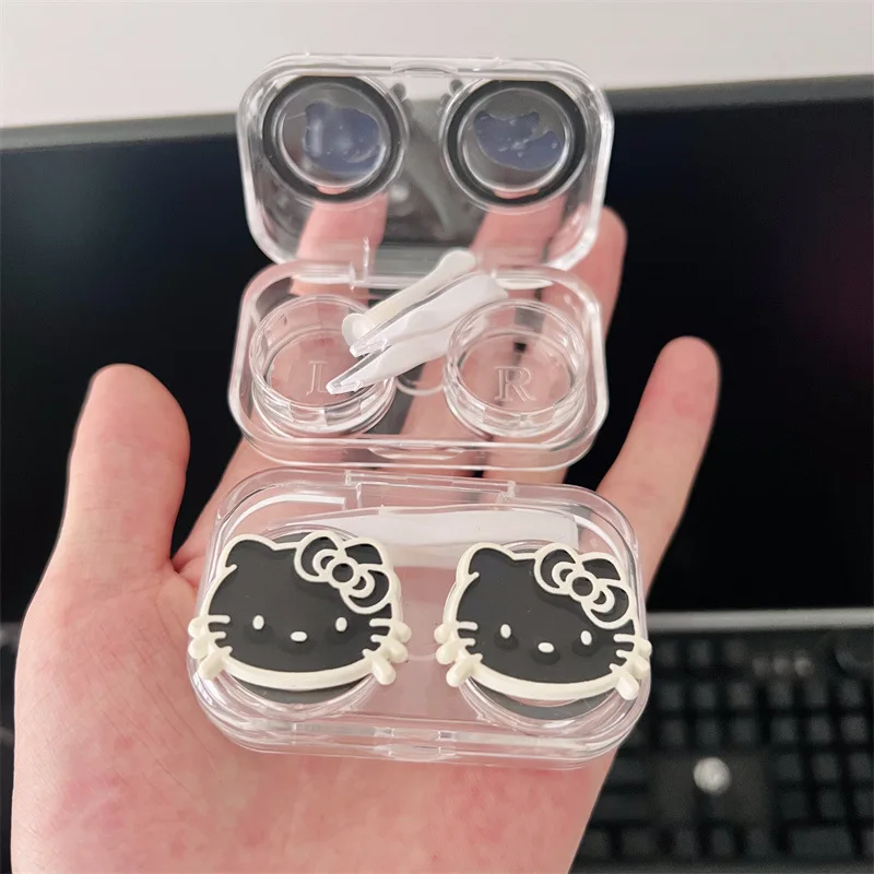 

Sanrio Hello Kitty, новый стиль, черный, белый цвет, котенок, прозрачная коробка для контактных линз, милый студенческий чехол для контактных линз, подарки для путешествий для девочек
