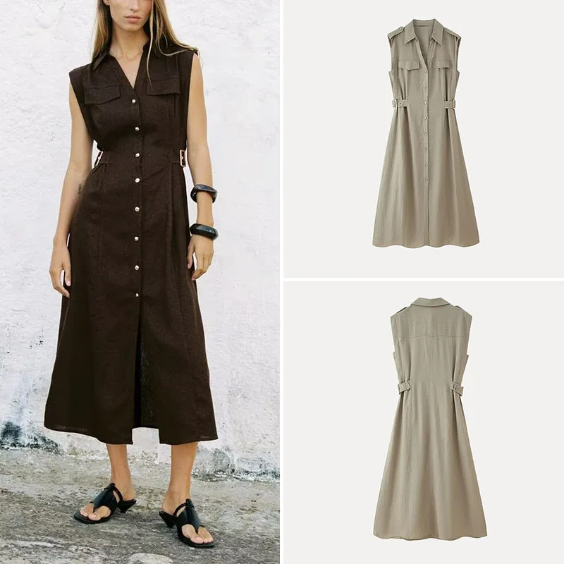 Spring 2025 Fashionable Midi Dress Simple Elegant Women's Style Streetwear V-neck Sleeveless Polyester 100% Single Piece