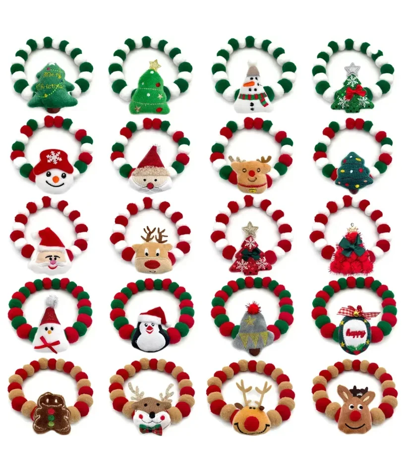 

5pcs Christmas Pet Dog Bow Tie Santa Claus Style Hair Ball Necklace Collar Pet Dog Cat Bowties Necktie Dog Grooming Accessories